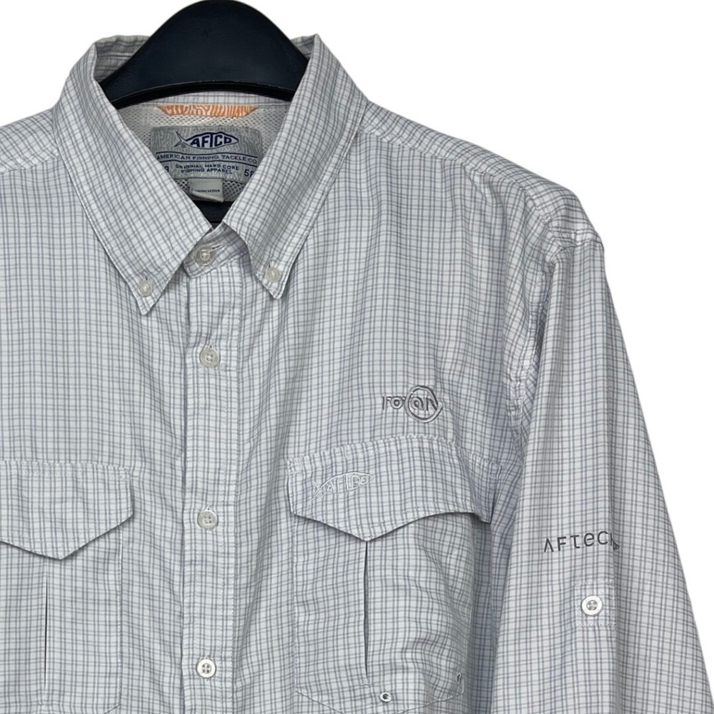AFTCO AFTECH Mens L Long Sleeve Roll Tab Fishing Shirt Button Down Gray Plaid